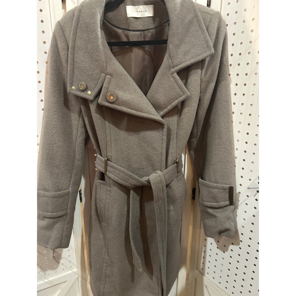 T Tahari Women's Wool Belted Double Breasted Trench Coat Taupe Size 10 Grey - Picture 2 of 10